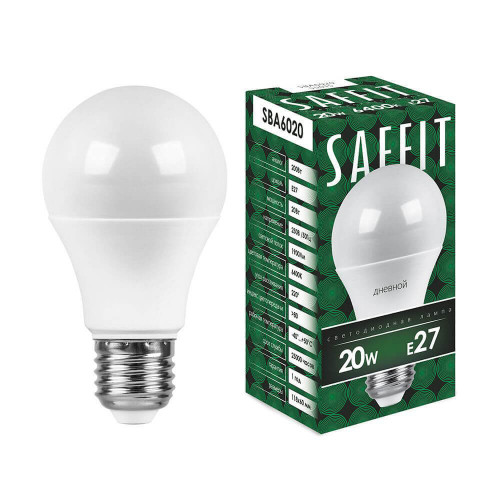 Лампа светодиодная Saffit E27 20W 6400K Шар Матовая SBA6020 55015